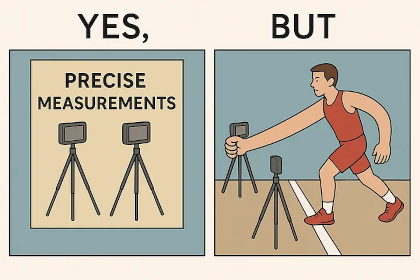 Comic illustration showing how timing gates can trigger on swinging arms or forward lean before the athlete's center of mass reaches the gate, creating false start measurements.